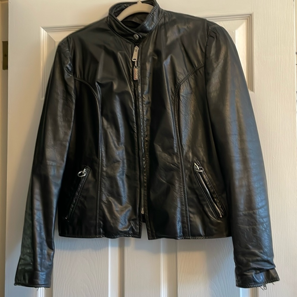 Vintage Brooks Black Leather Biker Jacket. Size 38-40